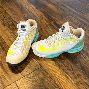 Nike Lunar Ballistic White and Neon Green & Turquoise Tennis Sneakers